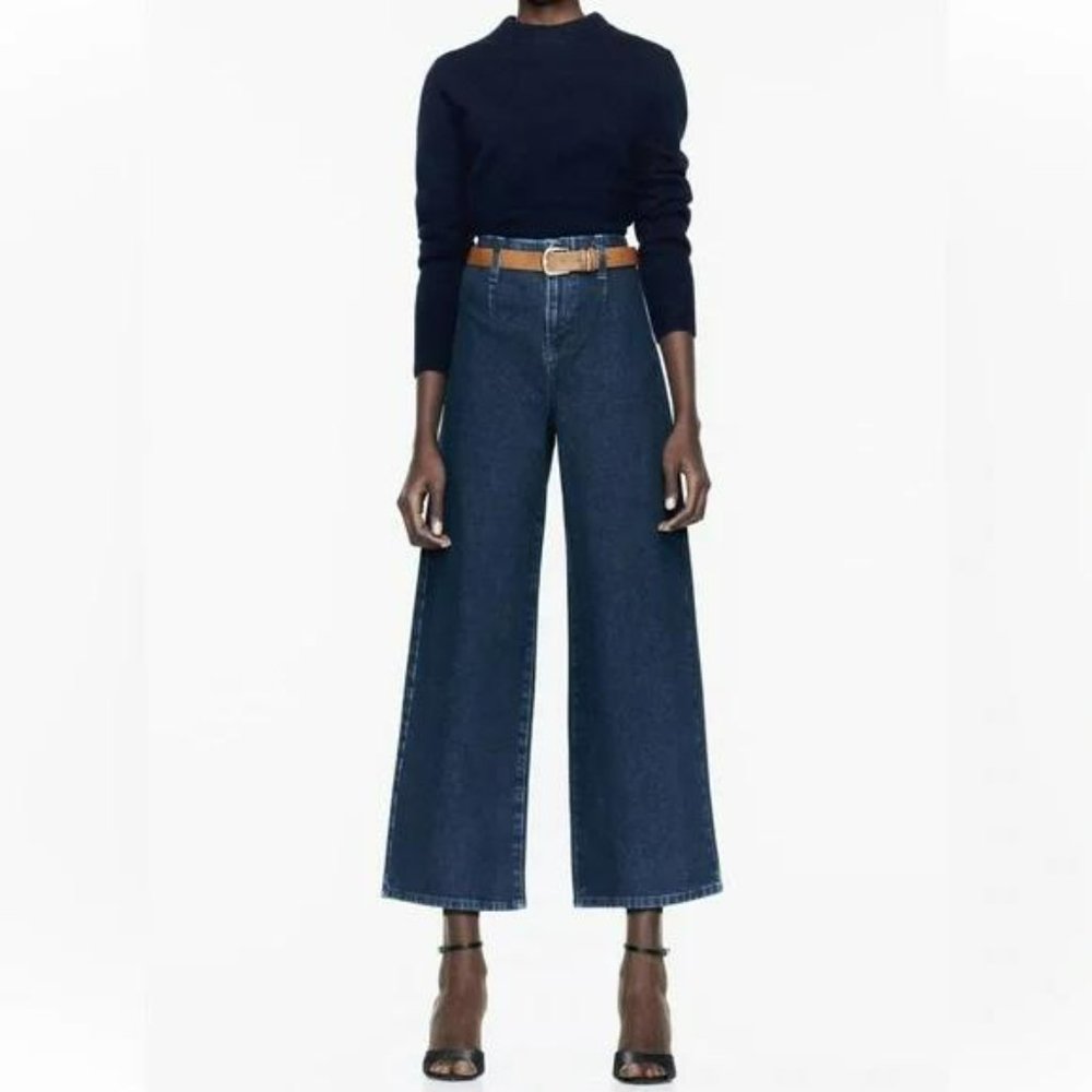 ZARA Z1975 BELTED HIGH RISE CROPPED WIDE LEG JEANS - Picture 2 of 3
